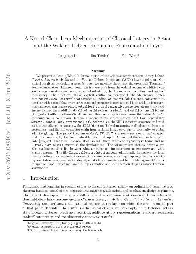 First page of A Kernel-Clean Lean Mechanization of Classical Lottery in Action and the Wakker--Debreu--Koopmans Representation Layer