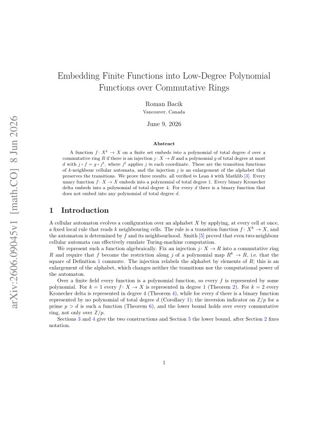 First page of Embedding Finite Functions into Low-Degree Polynomial Functions over Commutative Rings