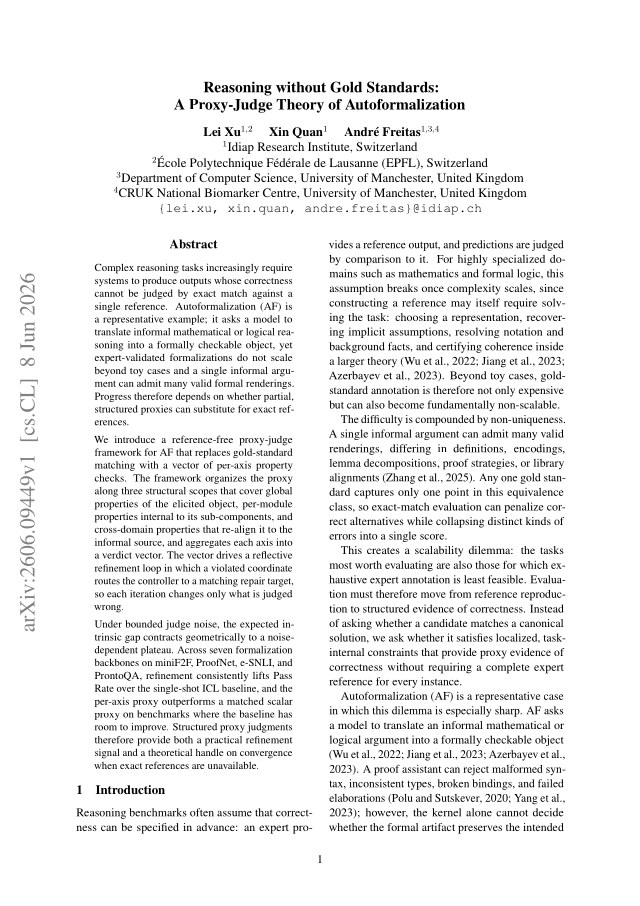 First page of Reasoning without Gold Standards: A Proxy-Judge Theory of Autoformalization