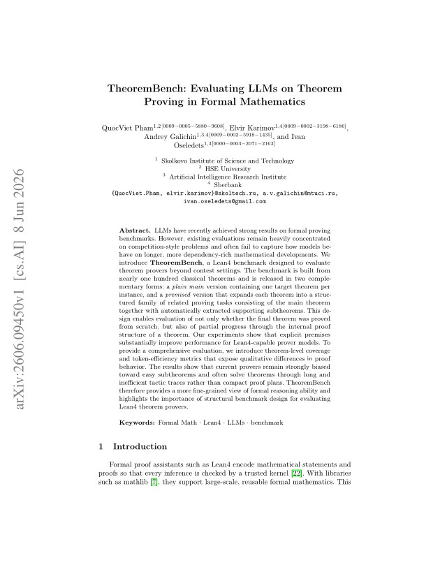 First page of TheoremBench: Evaluating LLMs on Theorem Proving in Formal Mathematics