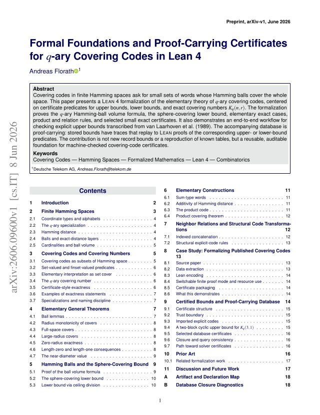 First page of Formal Foundations and Proof-Carrying Certificates for q-ary Covering Codes in Lean 4