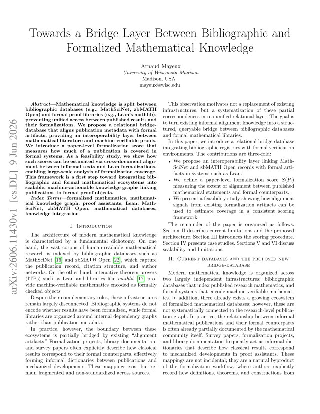 First page of Towards a Bridge Layer Between Bibliographic and Formalized Mathematical Knowledge