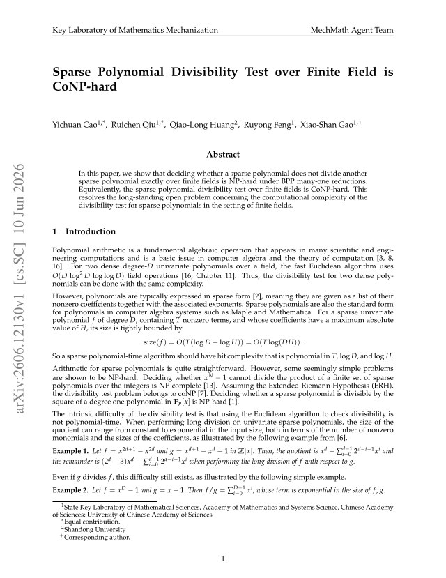 First page of Sparse Polynomial Divisibility Test over Finite Field is CoNP-hard