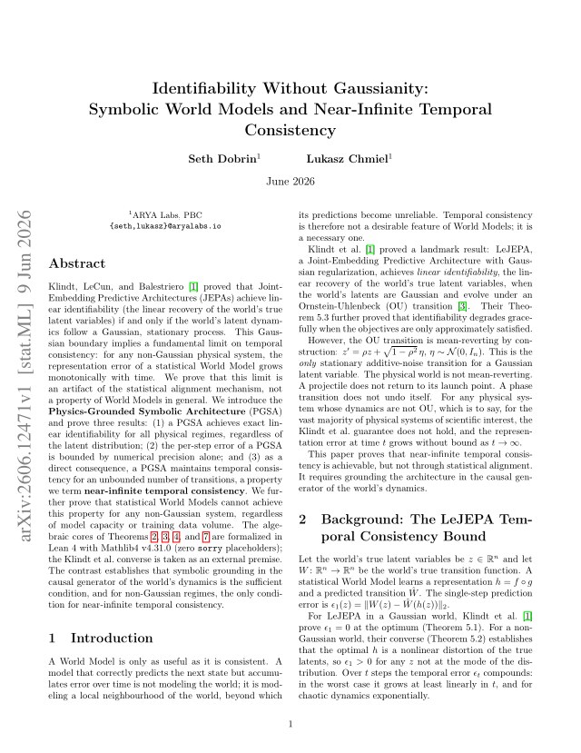 First page of Identifiability Without Gaussianity: Symbolic World Models and Near-Infinite Temporal Consistency