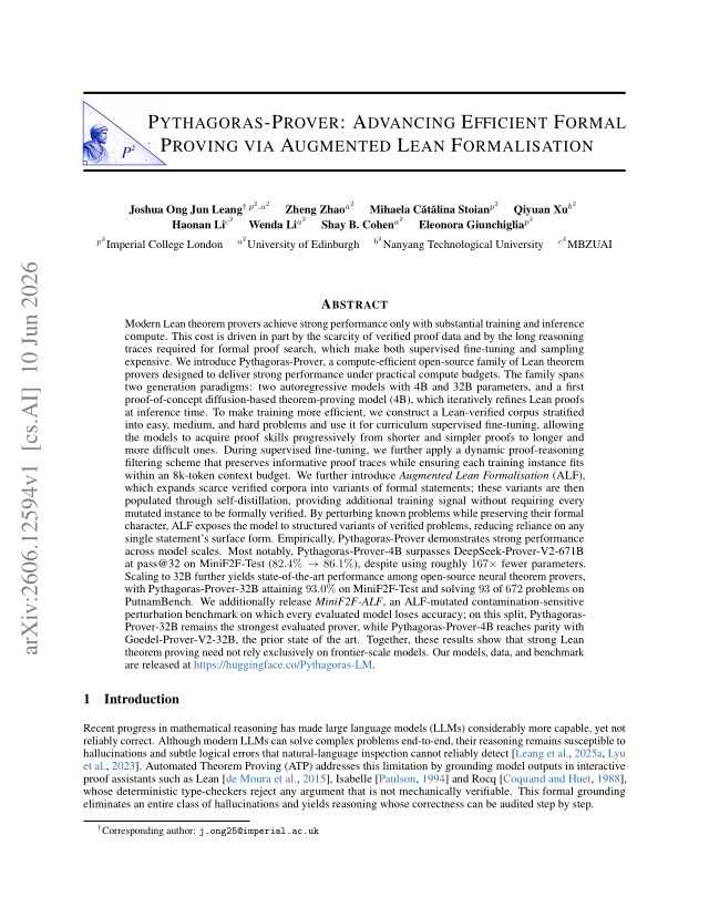 First page of Pythagoras-Prover: Advancing Efficient Formal Proving via Augmented Lean Formalisation