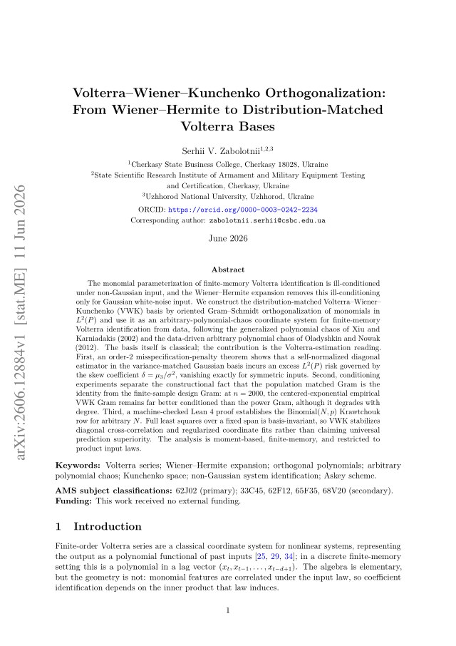 First page of Volterra--Wiener--Kunchenko Orthogonalization: From Wiener--Hermite to Distribution-Matched Volterra Bases
