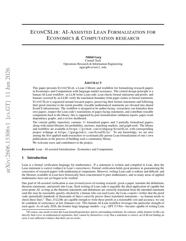 First page of EconCSLib: AI-Assisted Lean Formalization for Economics & Computation research