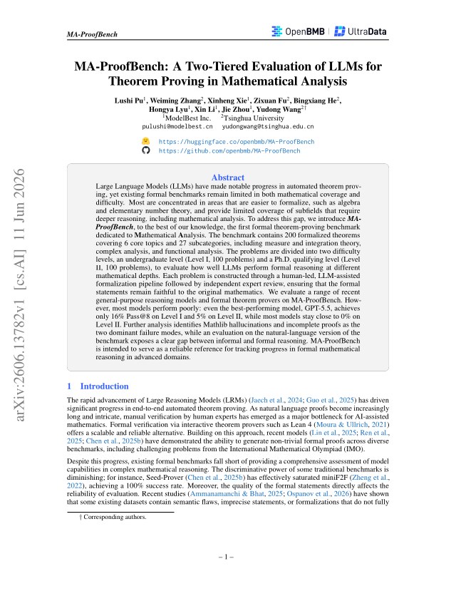 First page of MA-ProofBench: A Two-Tiered Evaluation of LLMs for Theorem Proving in Mathematical Analysis