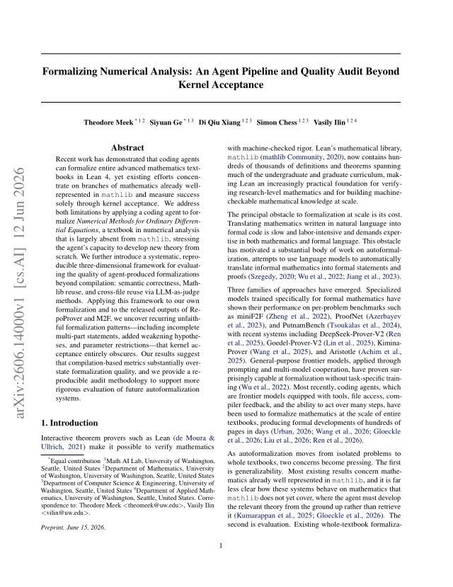 First page of Formalizing Numerical Analysis: An Agent Pipeline and Quality Audit Beyond Kernel Acceptance