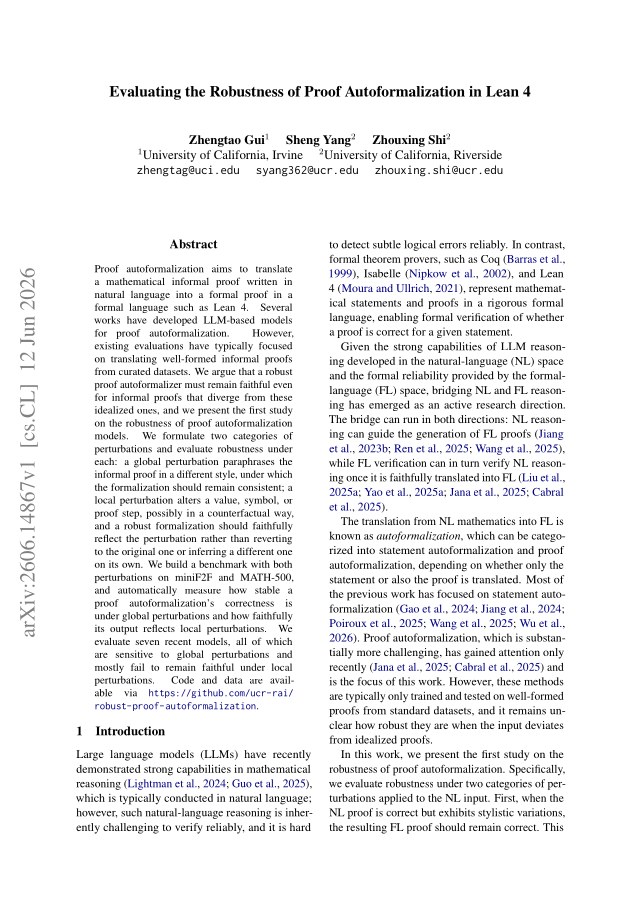 First page of Evaluating the Robustness of Proof Autoformalization in Lean 4