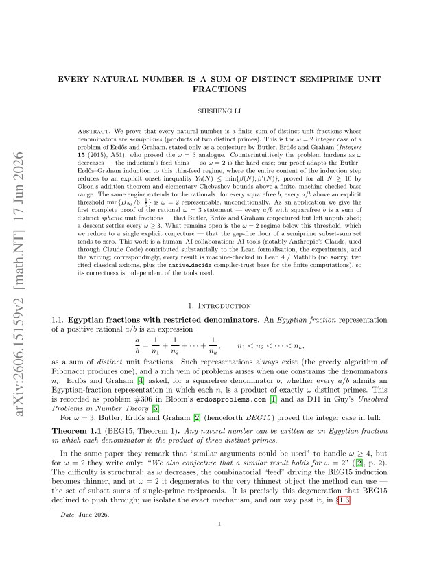 First page of Every natural number is a sum of distinct semiprime unit fractions