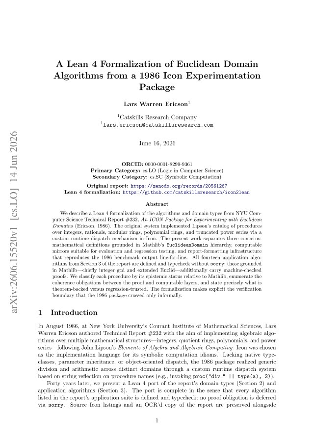 First page of A Lean 4 Formalization of Euclidean Domain Algorithms from a 1986 Icon Experimentation Package