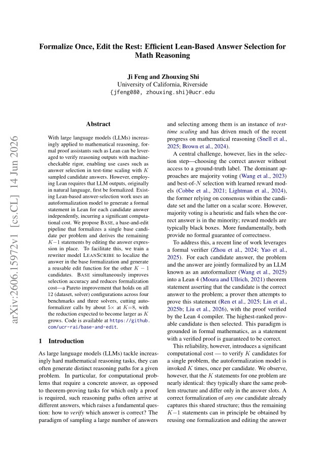 First page of Formalize Once, Edit the Rest: Efficient Lean-Based Answer Selection for Math Reasoning