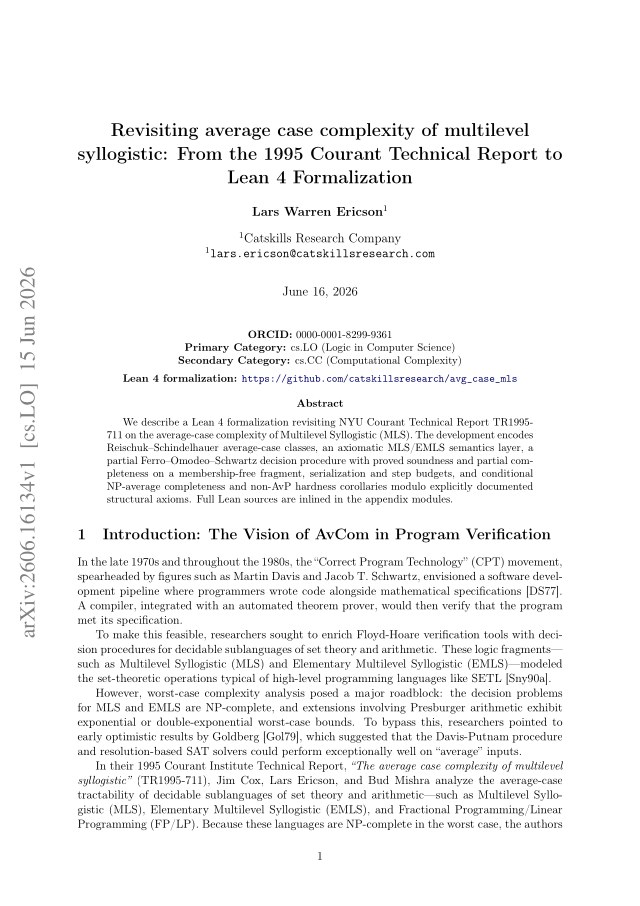 First page of Revisiting average case complexity of multilevel syllogistic: From the 1995 Courant Technical Report to Lean 4 Formalization