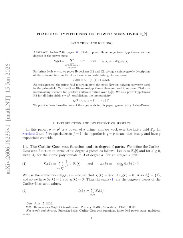 First page of Thakur's hypotheses on power sums of $\mathbb{F}_q[t]$