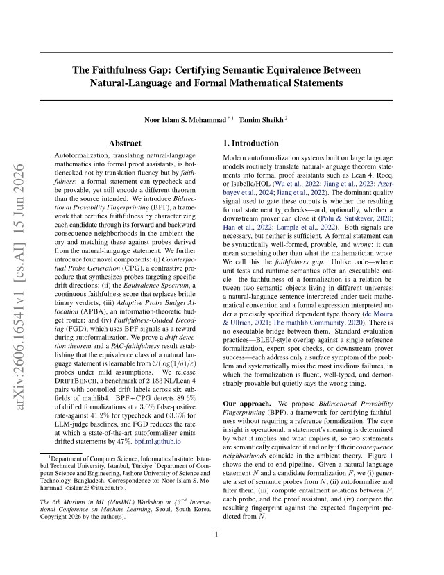 First page of The Faithfulness Gap: Certifying Semantic Equivalence Between Natural-Language and Formal Mathematical Statements