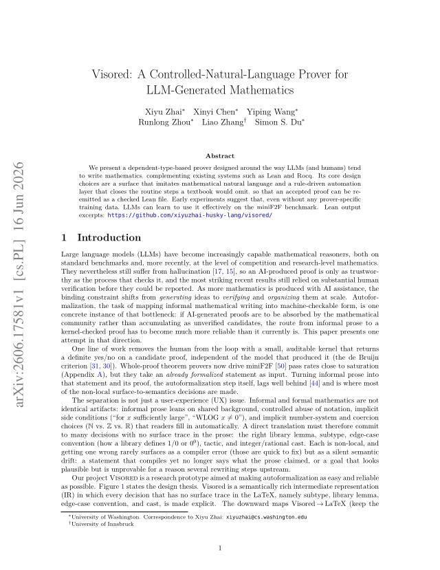First page of Visored: A Controlled-Natural-Language Prover for LLM-Generated Mathematics