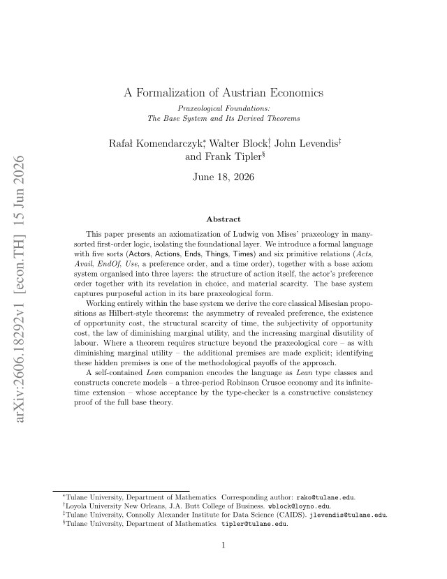 First page of A Formalization of Austrian Economics. Praxeological Foundations: The Base System and Its Derived Theorems