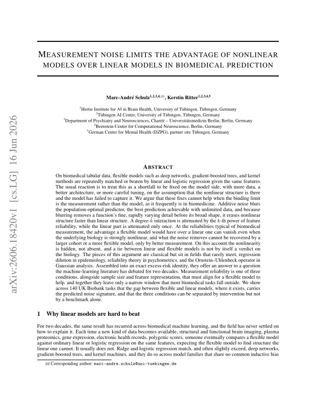 First page of Measurement noise limits the advantage of nonlinear models over linear models in biomedical prediction