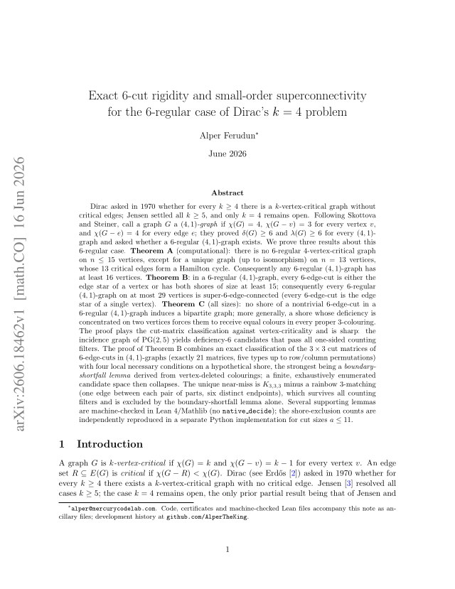 First page of Exact 6-cut rigidity and small-order superconnectivity for the 6-regular case of Dirac's k=4 problem