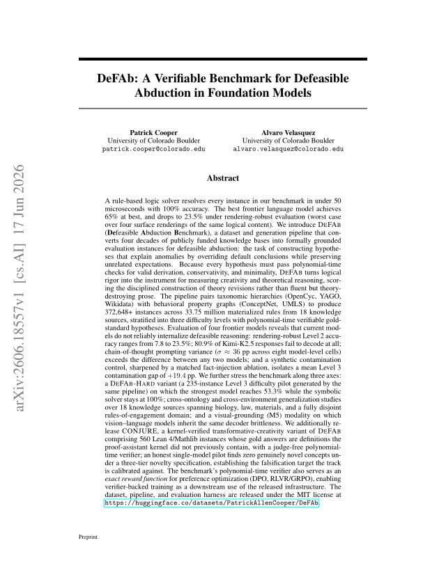 First page of DeFAb: A Verifiable Benchmark for Defeasible Abduction in Foundation Models