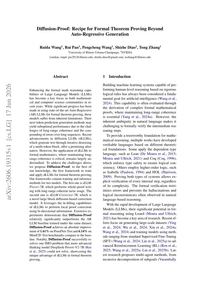 First page of Diffusion-Proof: Recipe for Formal Theorem Proving Beyond Auto-Regressive Generation