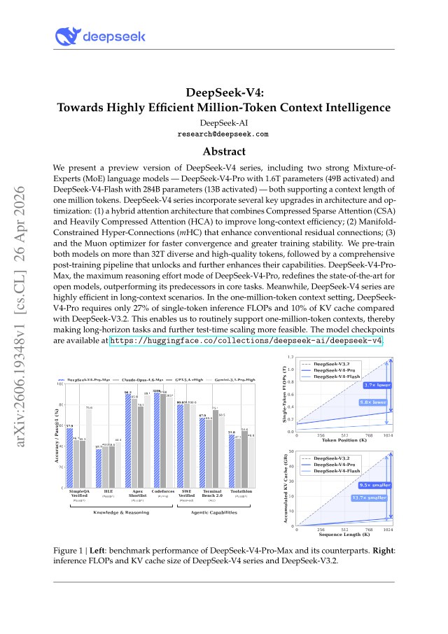 First page of DeepSeek-V4: Towards Highly Efficient Million-Token Context Intelligence