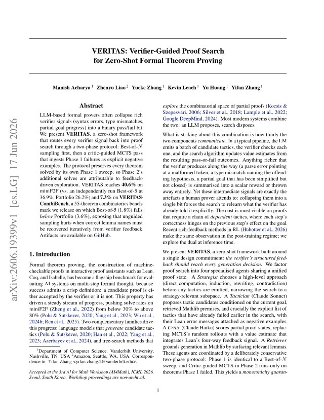 First page of VERITAS: Verifier-Guided Proof Search for Zero-Shot Formal Theorem Proving