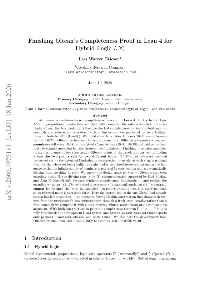 First page of Finishing Oltean's Completeness Proof in Lean 4 for Hybrid Logic $L(\forall)$