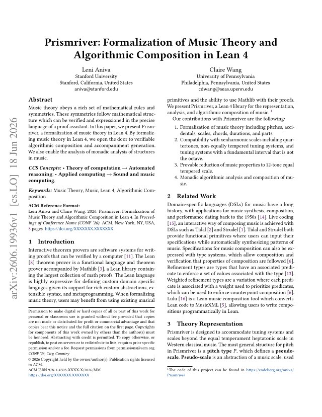 First page of Prismriver: Formalization of Music Theory and Algorithmic Composition in Lean 4