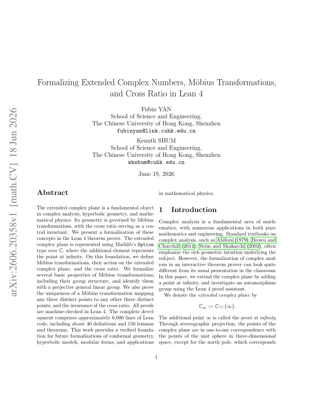 First page of Formalizing Extended Complex Numbers, Mobius Transformations, and Cross Ratio in Lean 4