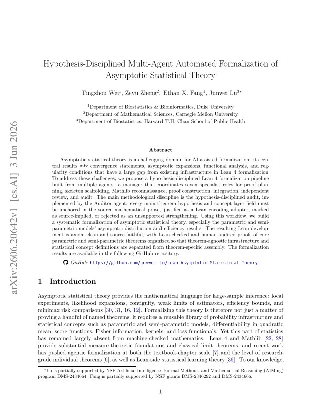 First page of Hypothesis-Disciplined Multi-Agent Automated Formalization of Asymptotic Statistical Theory