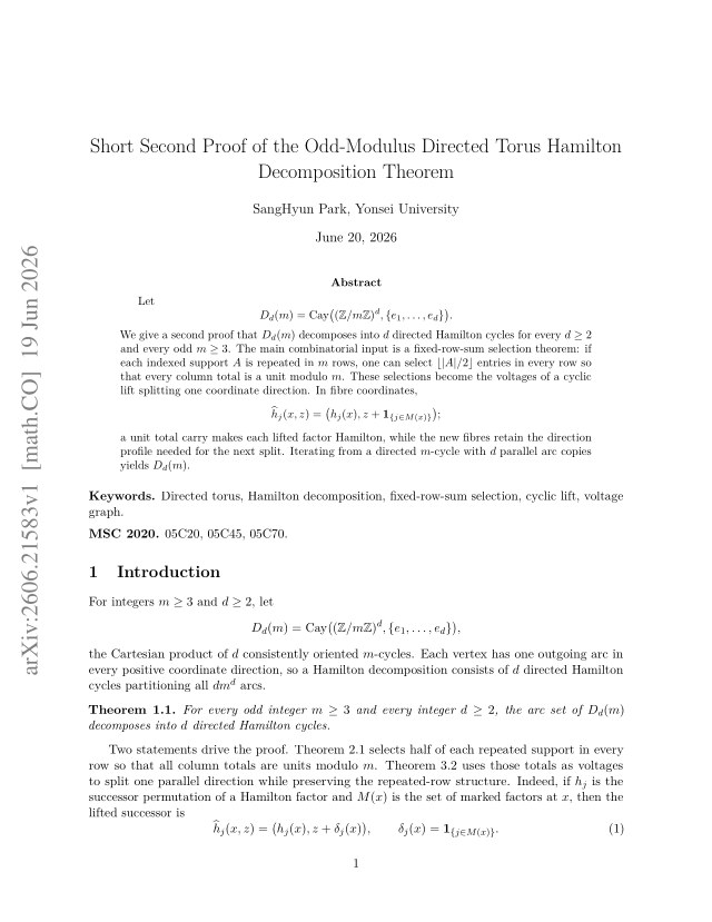 First page of Short Second Proof of the Odd-Modulus Directed Torus Hamilton Decomposition Theorem