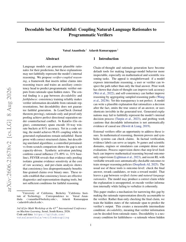 First page of Decodable but Not Faithful: Coupling Natural-Language Rationales to Programmatic Verifiers