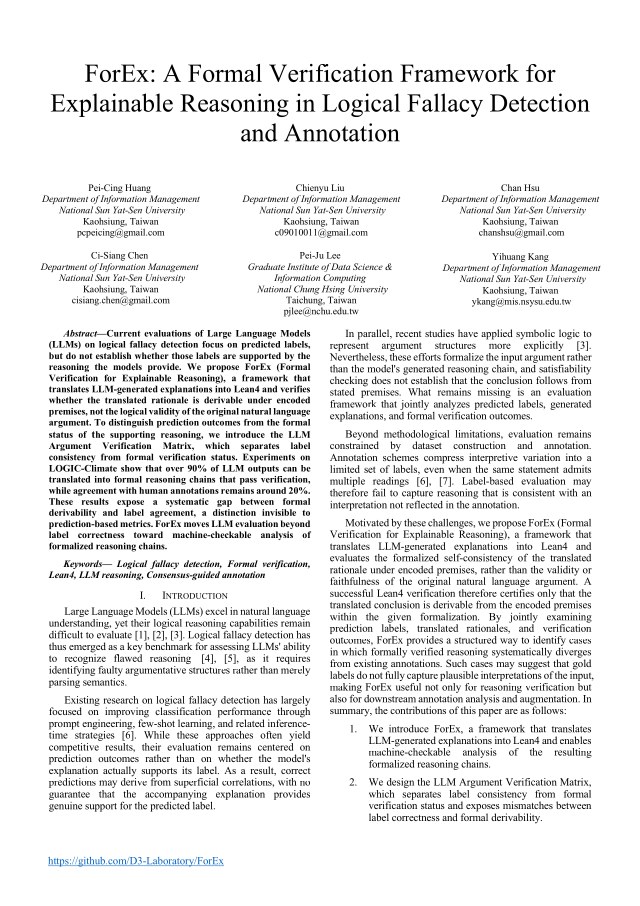 First page of ForEx: A Formal Verification Framework for Explainable Reasoning in Logical Fallacy Detection and Annotation