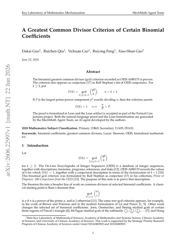 First page of A Greatest Common Divisor Criterion of Certain Binomial Coefficients