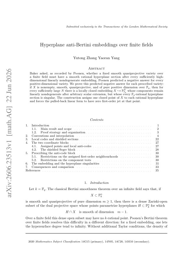 First page of Hyperplane anti-Bertini embeddings over finite fields