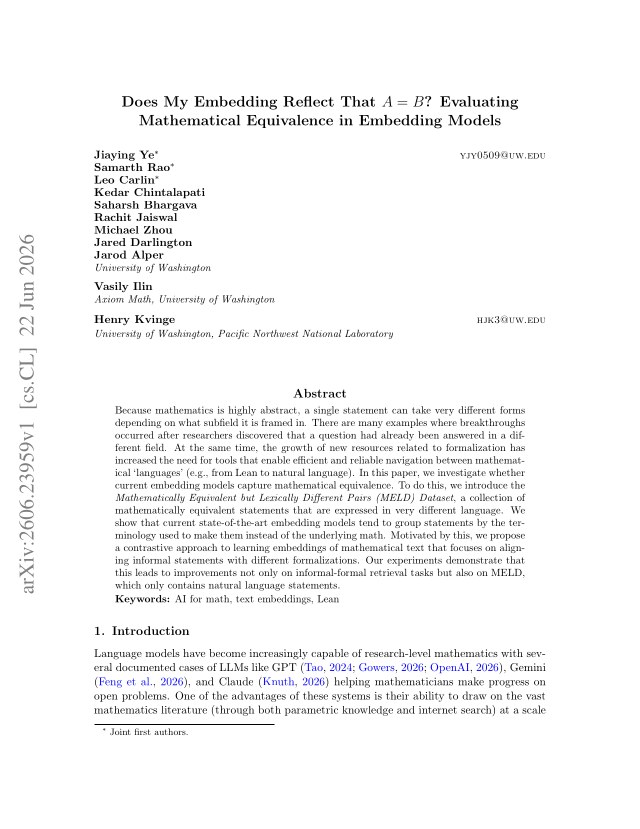 First page of Does My Embedding Reflect That $A = B$? Evaluating Mathematical Equivalence in Embedding Models