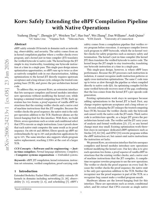 First page of Kops: Safely Extending the eBPF Compilation Pipeline with Native Operations