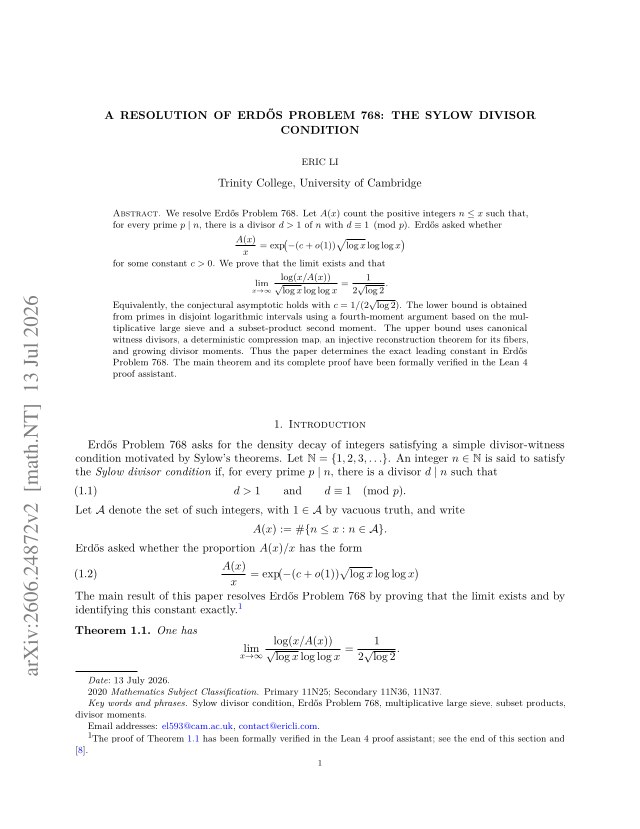 First page of A Resolution of Erdős Problem 768: the Sylow Divisor Condition