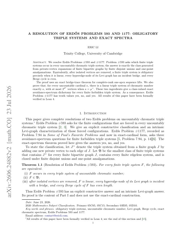 First page of A Resolution of Erdős Problems 593 and 1177: Obligatory Triple Systems and Exact Spectra