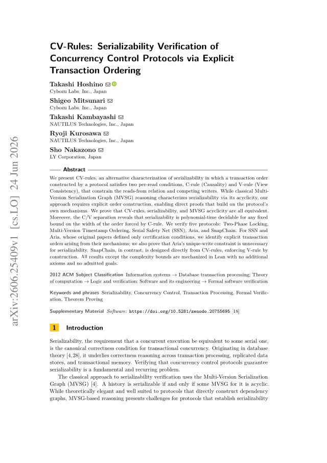 First page of CV-Rules: Serializability Verification of Concurrency Control Protocols via Explicit Transaction Ordering