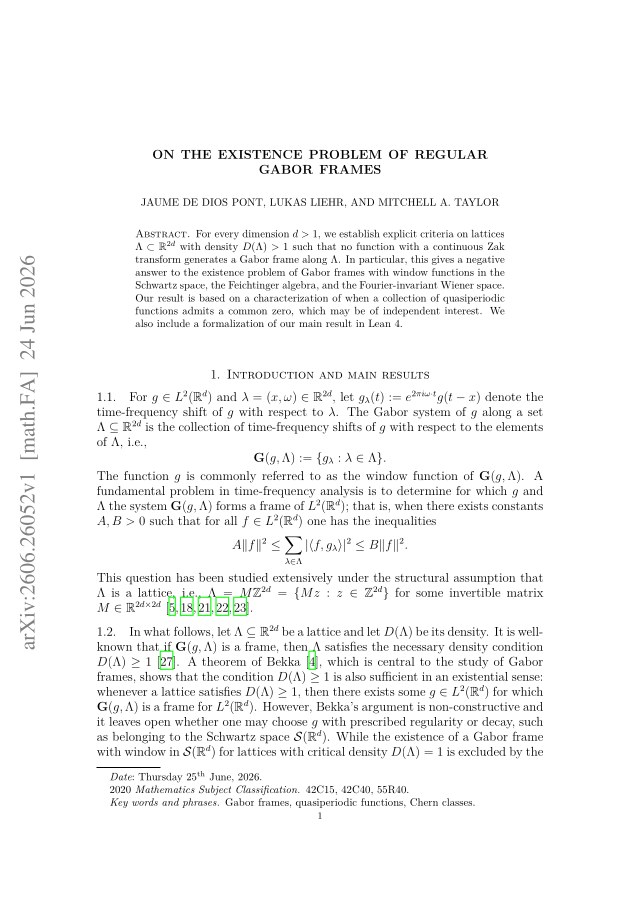 First page of On the existence problem of regular Gabor frames