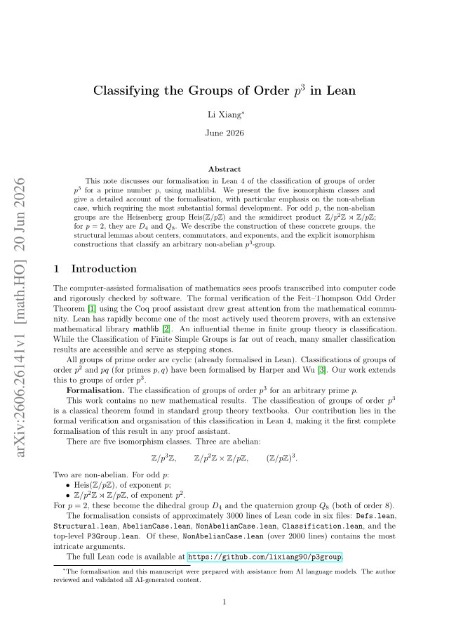 First page of Classifying the Groups of Order $p^3$ in Lean