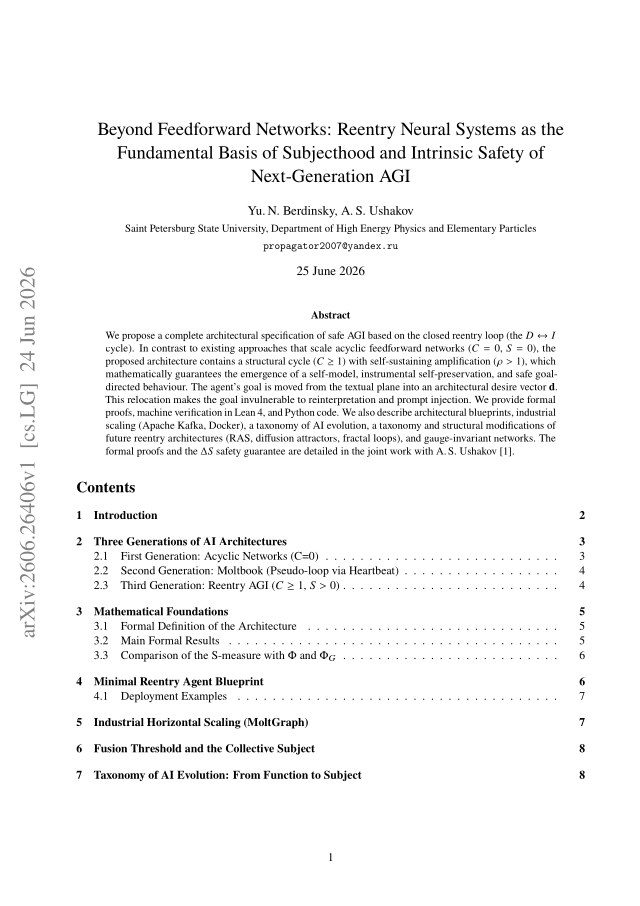 First page of Beyond Feedforward Networks: Reentry Neural Systems as the Fundamental Basis of Subjecthood and Intrinsic Safety of Next-Generation AGI