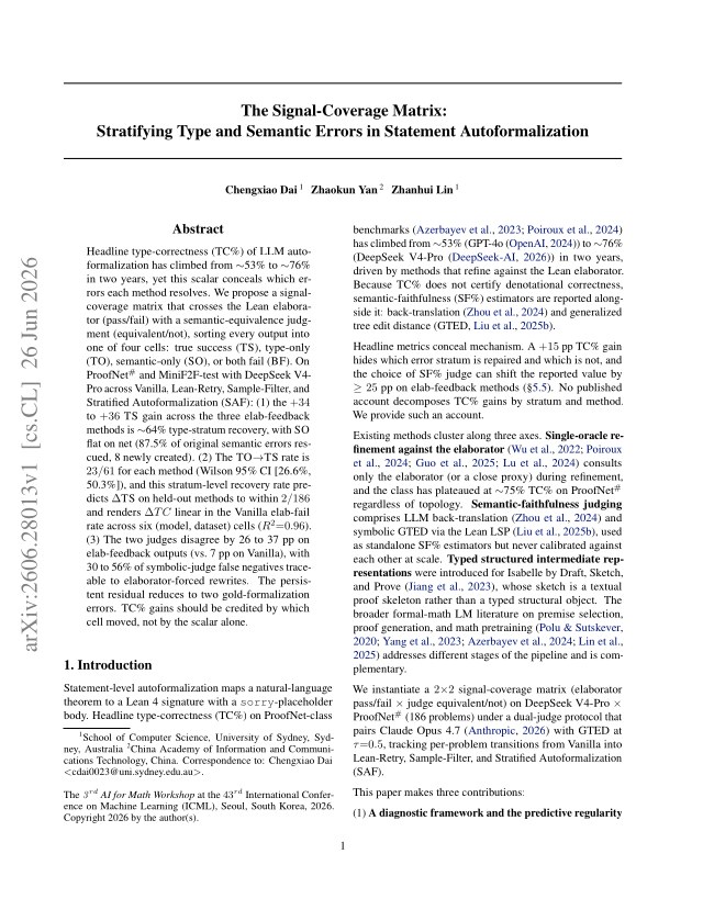 First page of The Signal-Coverage Matrix: Stratifying Type and Semantic Errors in Statement Autoformalization