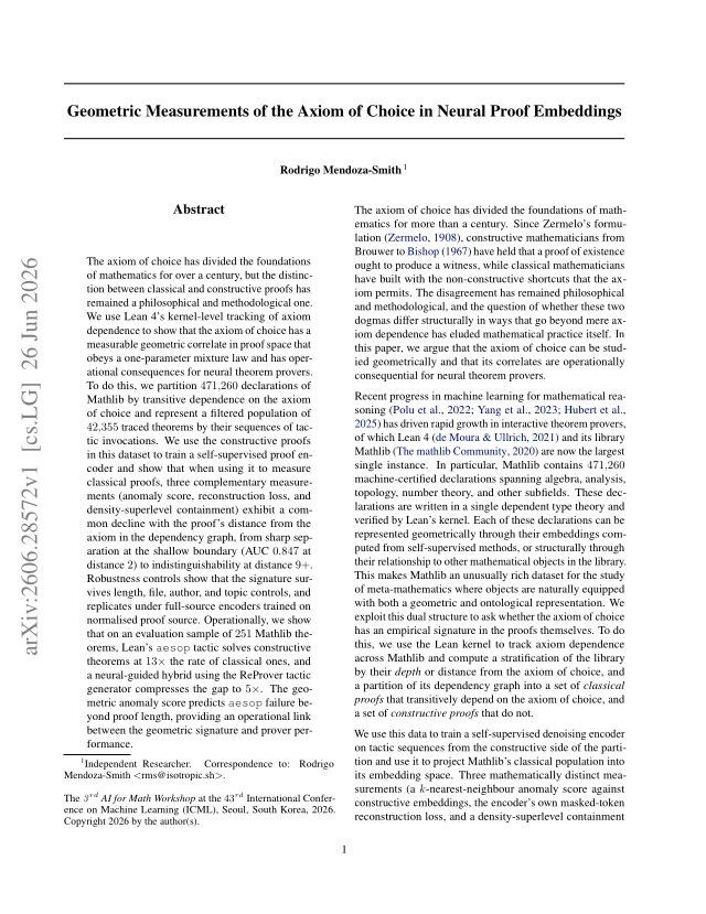 First page of Geometric Measurements of the Axiom of Choice in Neural Proof Embeddings