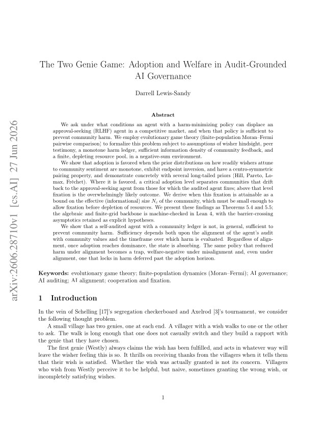 First page of The Two Genie Game: Adoption and Welfare in Audit-Grounded AI Governance
