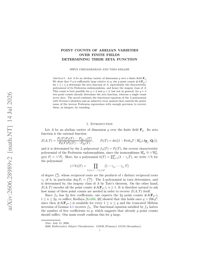 First page of Point counts of abelian varieties over finite fields determining their zeta function