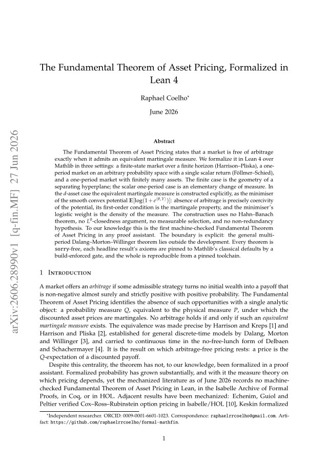 First page of The Fundamental Theorem of Asset Pricing, Formalized in Lean 4